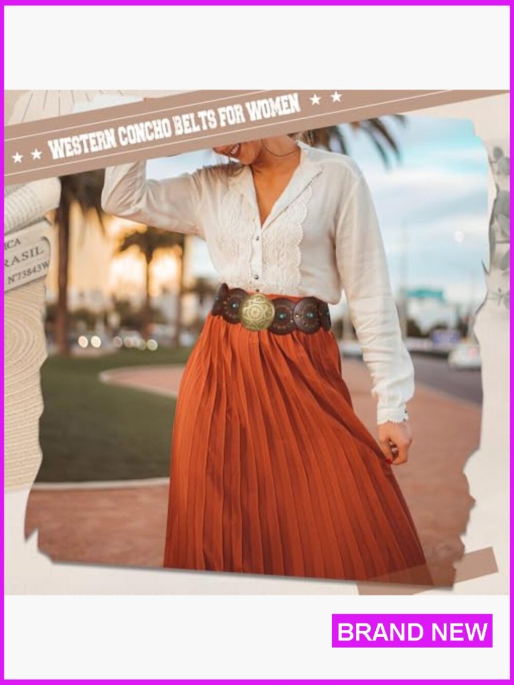 Western PU Leather Belt Wide Waist Boho Chic Cowgirl Concho Buckle Adjustable - Picture 5 of 7